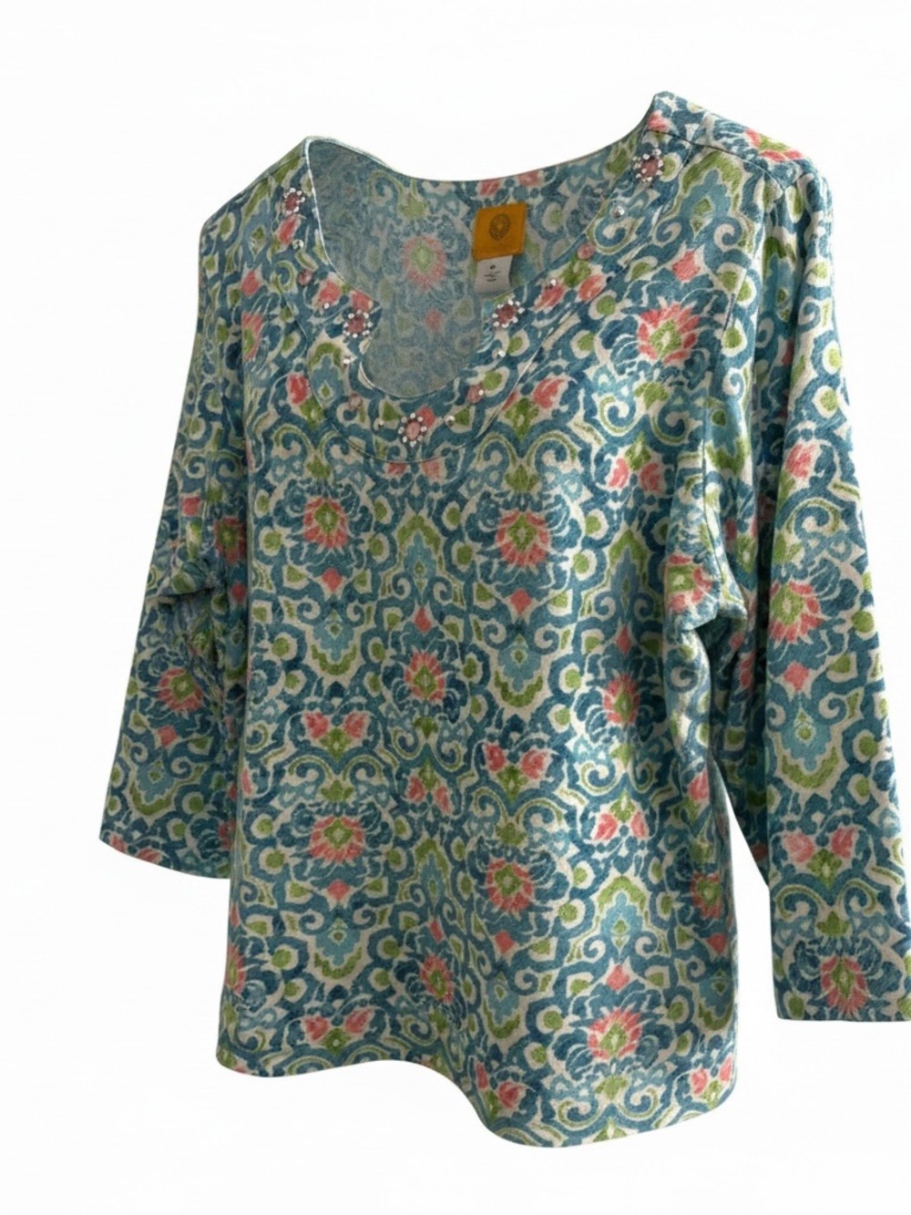 Ruby Rd. Women's Blue Pink Damask Tapestry Print Embellished V-Neck Top Size XL